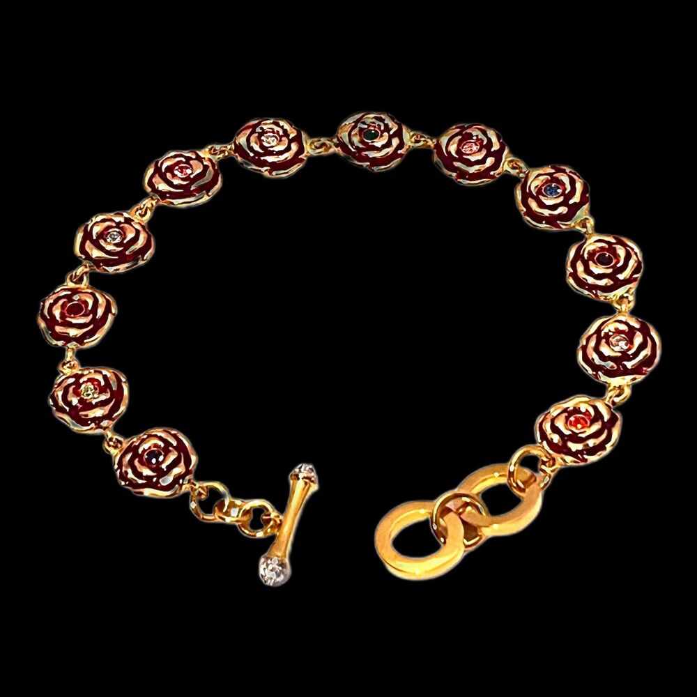 New Gold Tone Enamel Floral Bracelet Crystals Toggle Clasp Love Theme - 6G